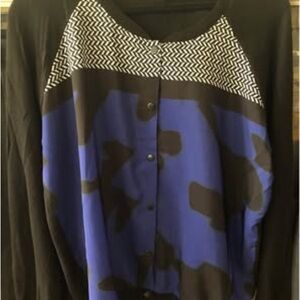 Black and Blue Patterned Button-Up Top